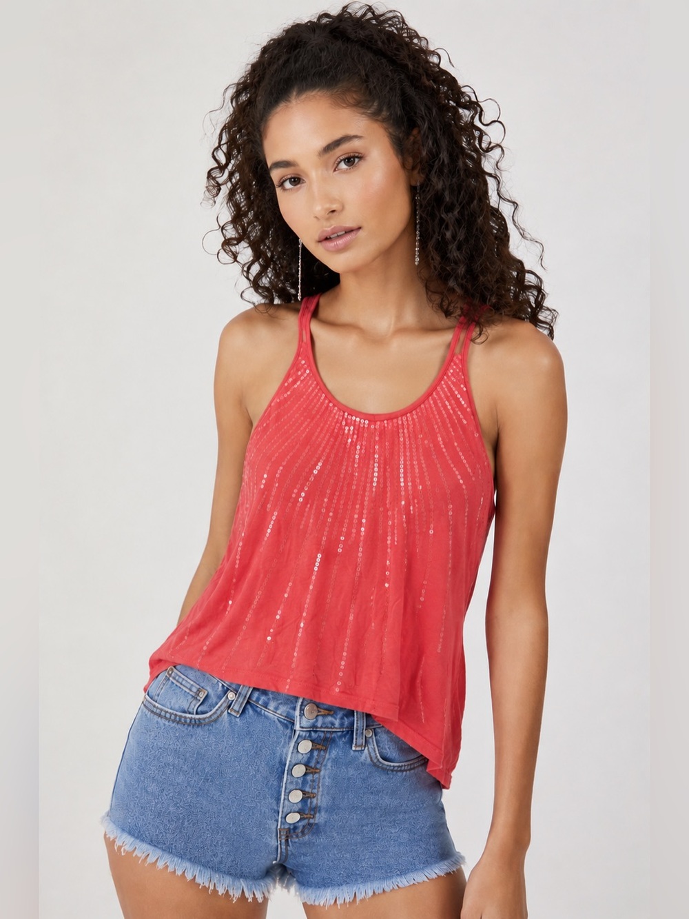 Xhilaration Women’s Coral Sequin Handkerchief Hem Tank Top Racerback Size L